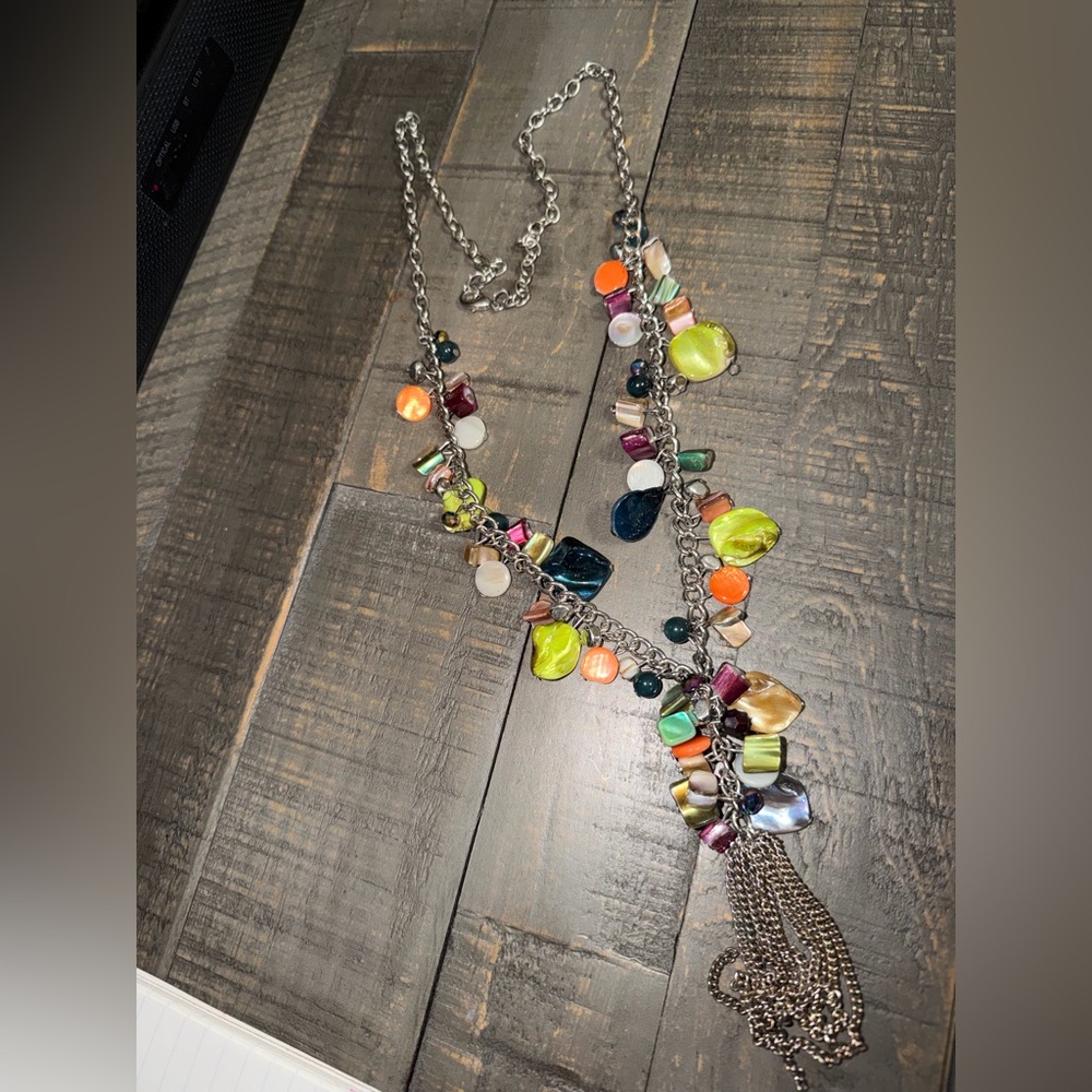 Colorful Beaded stone Necklace 15 inch chain beautiful matches every outfit!